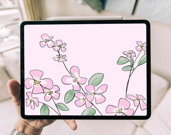 Pink Flower Doodle, Minimal Flower & Leaves Digital Wallpaper, Pastel Pink Artwork, Cute Lovely Hand-Drawn Painting, Cozy Charming Picture
