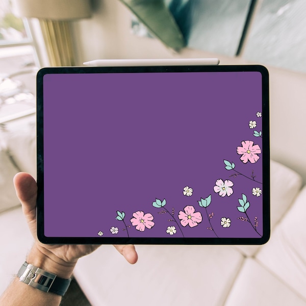 Pink Flower Picture, Purple Minimal Digital Wallpaper, Plants Leaves and Berrys Doodle Artwork, Cute lovely Colourful Hand-Drawn Painting