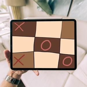 May include: A digital drawing of a tic-tac-toe game on a tablet screen. The game is in progress, with two X's and one O on the board. The tablet is being held by a hand.