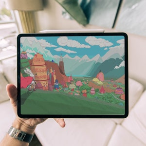 Dreamy Anime City View Wallpaper, Colourful Cute Houses Artwork, Hand-Drawn Digital Painting, Warrior Knight Fantasy Picture, Mountain Art