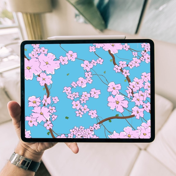 Pink Flower Blossom Digital Wallpaper, Relaxing Cute Doodle Artwork, Hand-Drawn Colourful Painting, Flower Tree Cool Breeze Windy Picture