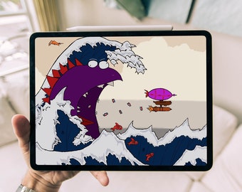 Giant Sea Monster Digital Wallpaper, Colourful Fun Airship Fantasy Artwork, Ocean Sea Creature Hand-Drawn Doodle, Big Wave Cartoon Painting