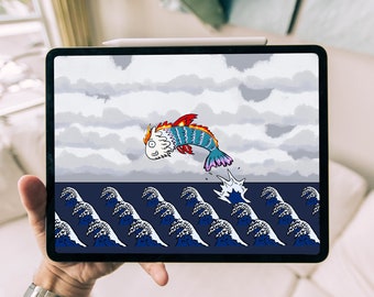 Colourful Fantasy Fish Digital Wallpaper, Cute Cool Ocean Artwork, Grey Clouds Blue Sea Cartoon Doodle, Waves Pattern Hand-Drawn Picture