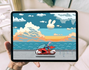 Rabbit Girl Anime Digital Wallpaper, Colourful Seaside Artwork, Ocean View Hand-Drawn Hoverbike Illustration, Blue Sky Sunset Drive Picture