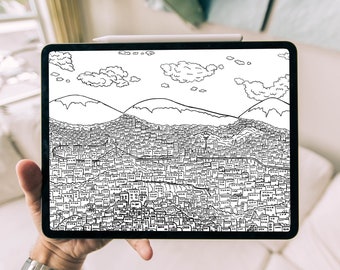 Fun Cute Black White City Digital Wallpaper, Town Hill Hand-Drawn Doodle Art, Hilltop Mountain View Painting, Home Houses Building Artwork