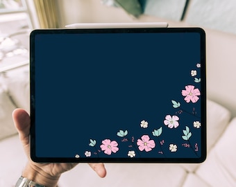 Pink Flower Picture, Navy Blue Minimal Digital Wallpaper, Plants Leaves and Berrys Doodle Artwork, Cute lovely Colourful Hand-Drawn Painting