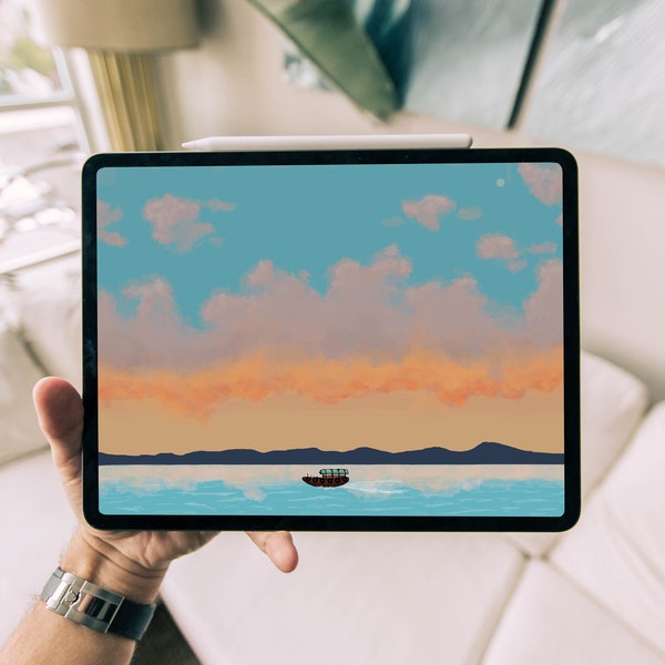 Cozy Lofi Evening River Sampan Wallpaper, Colourful Clouds Sky Doodle Artwork, Small Boat Hand-Drawn Digital, Chilling Relaxing Picture,