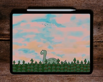 Cozy Dino Digital Wallpaper, Colourful Clouds Doodle Artwork, Cute Houses Hand-Drawn Picture, Homecoming Golden Hour Sunset Illustration
