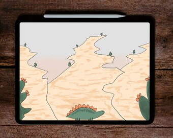 Stegosaurus Dino Digital Wallpaper, Cute Cozy Doodle Artwork, Green Dinosaur Picture, Hand-Drawn Beige Desert Painting, Green Cactus Art