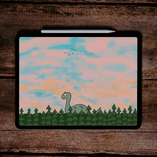 CozyDino Digital Wallpaper, Doodle Kunstwerk, Bunte Wolken, Doodle Dinosaurier, Handgezeichnetes Doodle, iPhone, iPad, Desktop, digitaler Download