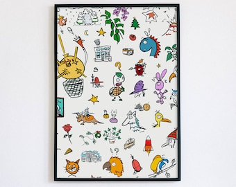 Cute Colorful Doodle Wall Art, Funny Character Illustration (Digital Download)