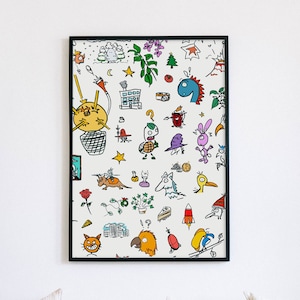 Random Mix Doodle Wall Art, Cute Colourful Hand-Drawn, Funny Doodles Picture, Fantasy Doodle Artwork, Character Art Illustration Art Decor