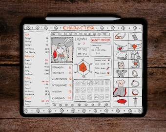 RPG Stats Page Wallpaper, Random Character Doodle Artwork, Bounty Hunter D&D Hand-Drawn Digital Picture, Bunny Rabbit Weapon Armour Drawing