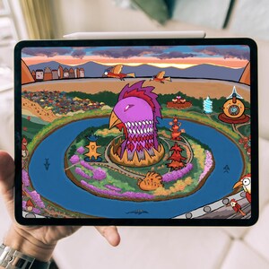 Puede incluir: Una ilustración digital de un paisaje de fantasía con una gran criatura de pájaro púrpura en el centro. La criatura tiene un pico y una corona y está rodeada por un río y árboles. El paisaje está lleno de pequeñas casas y otros edificios.