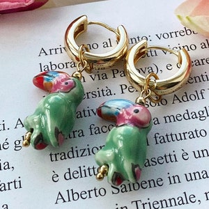 Hoop Earrings with Pendants / 18K Gold plated Hoops / Hand painted Green Toucans / Ceramic Bead / Summer Jewelry / Gift for her / Mom image 2