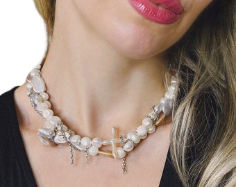 Unique Handcrafted Irregular Cultured Pearl Necklace with a Distinctive Cross-Shaped Center Pearl - Perfect for Elegant Occasions