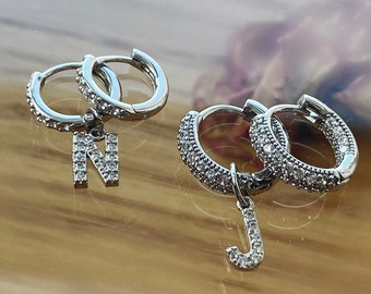 Silver Initial Earrings /CZ/ 925 Silver / Initial letter / Dainty Gold Jewelry / Gift for Her / Letter Earring / Personalized Jewelry