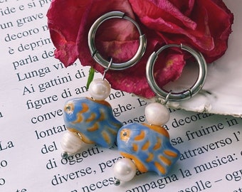 Beaded Earrings / Stainless steel Hoops / Manually painted Ceramic bead / Blue fish / Natural pearls / Summer jewelry / Gift for women