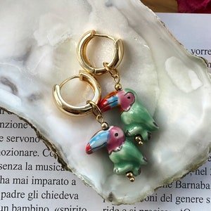 Hoop Earrings with Pendants / 18K Gold plated Hoops / Hand painted Green Toucans / Ceramic Bead / Summer Jewelry / Gift for her / Mom image 1
