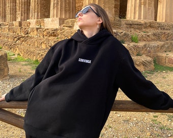 Black Oversized Hoodie / Couples Hoodie/ For Him / For Her / Baggy Hoodie / Sweatshirt /  Handmade / All Black / Unisex Hoodie / Convinge