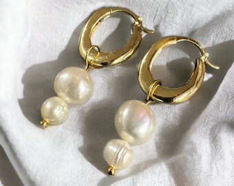 Oval 18K Gold-Plated Earrings with Dual Sphere Pearls - Elegant Handmade CONVINGE Jewelry