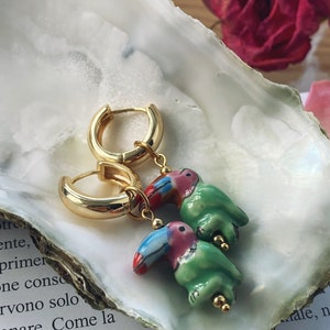 Hoop Earrings with Pendants / 18K Gold plated Hoops / Hand painted Green Toucans / Ceramic Bead / Summer Jewelry / Gift for her / Mom image 4