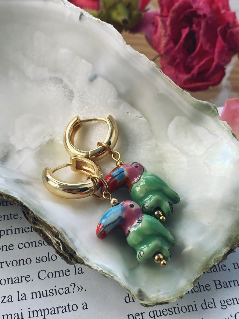 Hoop Earrings with Pendants / 18K Gold plated Hoops / Hand painted Green Toucans / Ceramic Bead / Summer Jewelry / Gift for her / Mom image 4