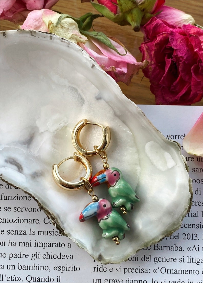 Hoop Earrings with Pendants / 18K Gold plated Hoops / Hand painted Green Toucans / Ceramic Bead / Summer Jewelry / Gift for her / Mom image 1