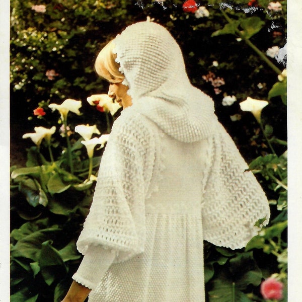 Crochet & Knit Wedding Gown, Floor length dress with long puffy sleeves and hoodie, 4ply 1970's Vintage Digital Download Pattern