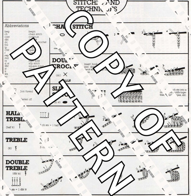 May include: A black and white diagram showing different crochet stitches, including chain stitch, double crochet, slip stitch, half treble, treble, and double treble. The diagram includes instructions and illustrations for each stitch.