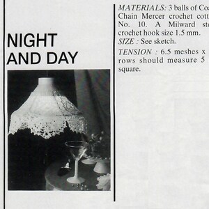 May include: Black and white photo of a crocheted lampshade with the words "NIGHT AND DAY" at the top of the image. The materials and instructions for crocheting the lampshade are listed below the image.
