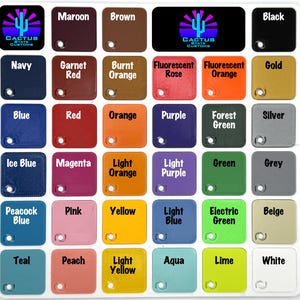 May include: A color chart featuring a variety of hues, including maroon, brown, black, navy, garnet red, burnt orange, fluorescent rose, fluorescent orange, gold, blue, red, orange, purple, forest green, silver, ice blue, magenta, light orange, light purple, green, grey, peacock blue, pink, yellow, light blue, electric green, beige, teal, peach, light yellow, aqua, lime, and white.