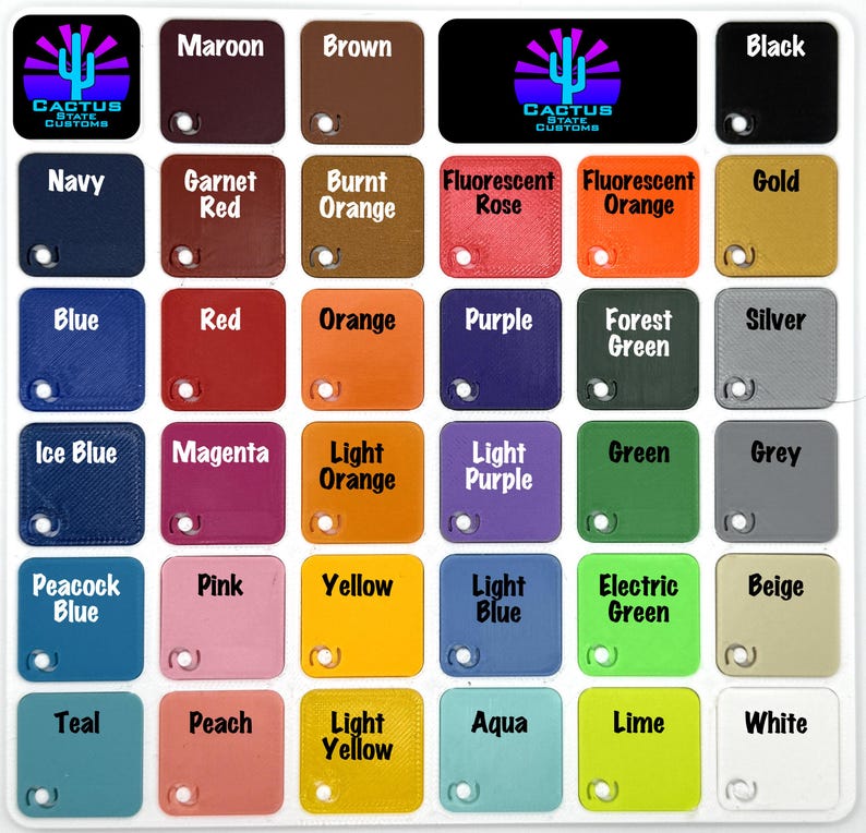May include: A color chart featuring a variety of hues, including maroon, brown, black, navy, garnet red, burnt orange, fluorescent rose, fluorescent orange, gold, blue, red, orange, purple, forest green, silver, ice blue, magenta, light orange, light purple, green, grey, peacock blue, pink, yellow, light blue, electric green, beige, teal, peach, light yellow, aqua, lime, and white.