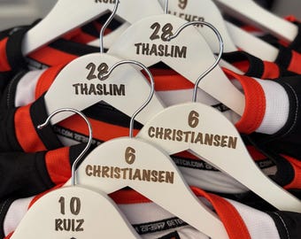 Custom Laser Engraved Wooden Jersey Hanger for Sports Teams, Cheer Team, Senior Night Gifts, Hockey Team, Minimal Personalized Sports Hanger