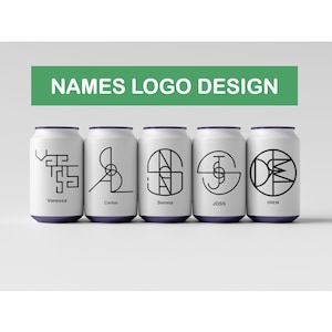 Puede incluir: Cinco latas blancas con bordes morados, cada una con un diseño de logotipo negro único y un nombre: Vanessa, Carlos, Sienna, Joss y Drew. El texto "NAMES LOGO DESIGN" está en un rectángulo verde arriba.