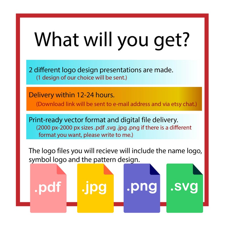 May include: What will you get? 2 different logo design presentations are made. (1 design of our choice will be sent.) Delivery within 12-24 hours. (Download link will be sent to e-mail address and via etsy chat.) Print-ready vector format and digital file delivery. (2000 px-2000 px sizes .pdf .svg.jpg.png if there is a different format you want, please write to me.) The logo files you will receive will include the name logo, symbol logo and the pattern design. .pdf .jpg .png .svg