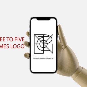 May include: A smartphone displaying a black and white geometric logo with the text "FREDERICO VICENTE NINAKIKO" below it. The text "THREE TO FIVE NAMES LOGO" is visible on the left side of the image.