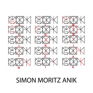 May include: A black and white graphic design with the name "SIMON MORITZ ANIK" at the bottom. The design features a series of 15 black and white geometric shapes with red lines and circles.