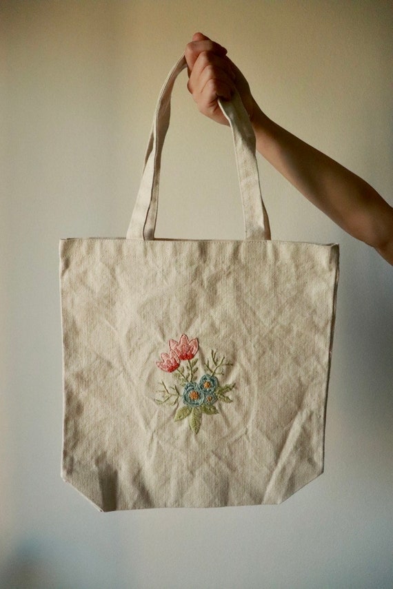 Hand Embroidered Canvas Tote Bag Flowers Etsy