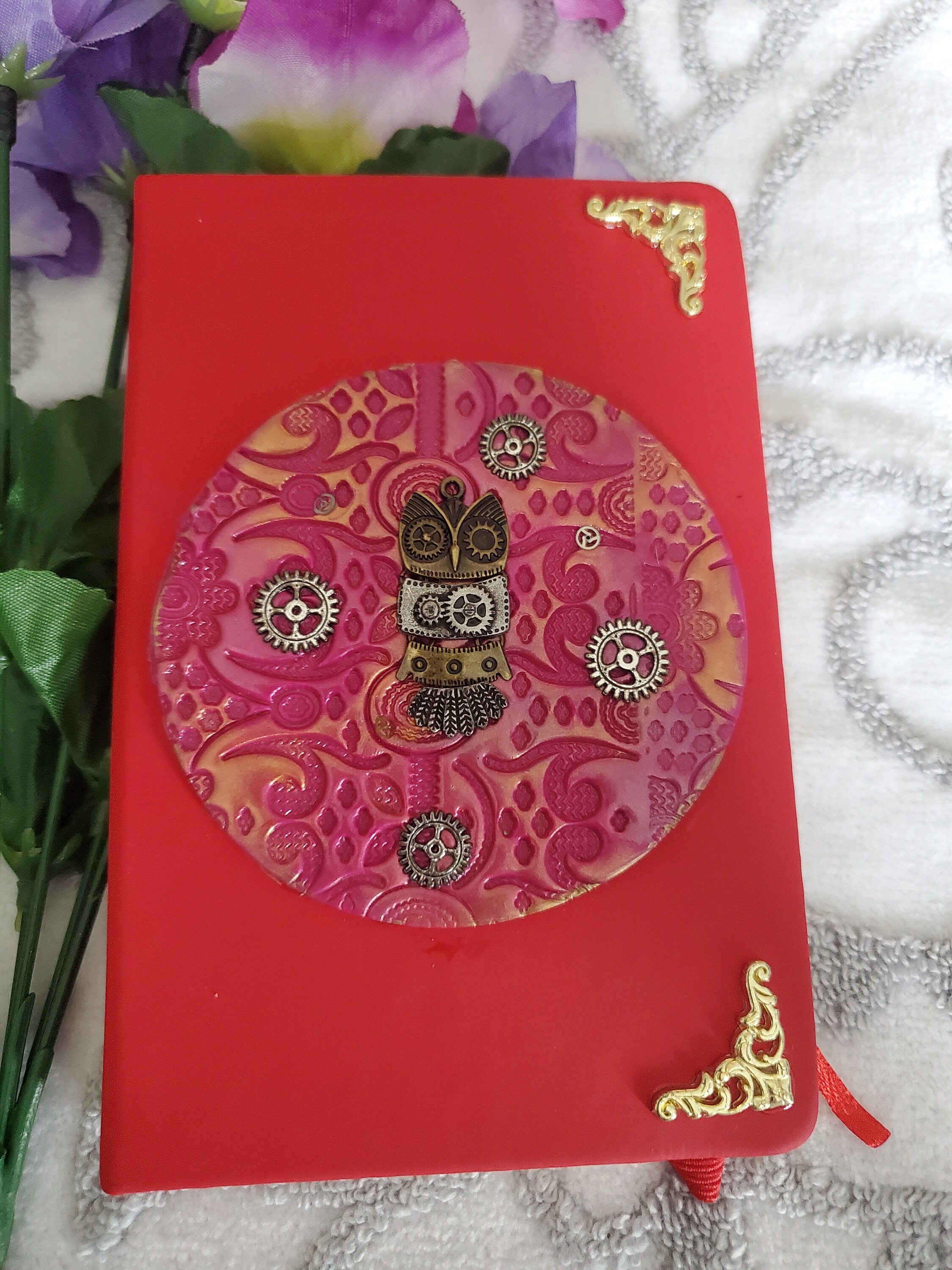 Sculpted steampunk owl pink polymer clay journal