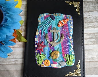 Polymer clay seascape and anchor padfolio refillable, Handmade notebook, notepads, writing journal,  gift