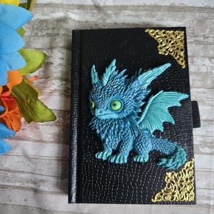 Handmade notebook, notepads, journal, sketchbook, sketch, polymer clay blue dragon, fantasy, special occasion, art journaling, travel