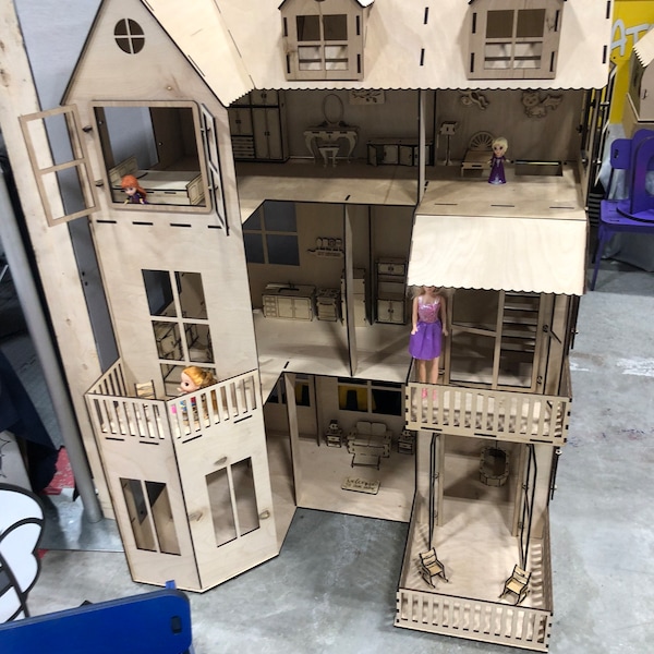 wooden dollhouse  , three-story doll house , modern doll house , doll house with furniture , full kit dollhouse , DIY doll house