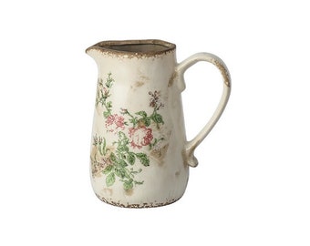 Floral Enamel Pitcher Vase, Vintage Tabletop Ornament for Dried Flowers, Home & Garden Decor