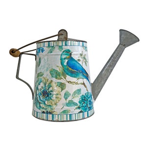 3.5L Shabby Chic Painted Tin Watering Can With Handle, Featuring Bird & Floral Design