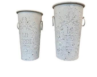 Lot de 2 pots de fleurs en métal « Le Jardin Paris », jardinières en fer antirouille, blanc vintage, décoration de ferme intérieure/extérieure