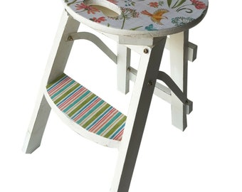 Floral And Striped Wooden Stool