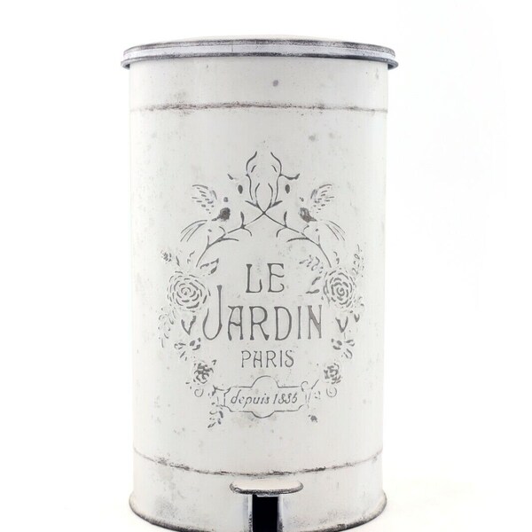 White Metal Garden Waste Pedal Bin "Le Jardin" Vintage Look Unique Chic