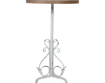 Encantadora mesa de centro redonda de madera de inspiración vintage con elegantes patas de metal blanco para el hogar y el jardín
