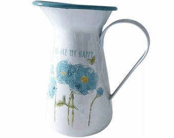 Vintage Enamel Blue Flower Print Jug, Pitcher, Flower Vase, Room Decor